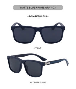 Polarized sunglasses with matte blue frames and gray lenses shown from multiple angles