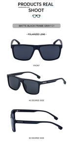Three-angle views of matte black square polarized sunglasses with gray lenses