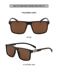 Detail view of matte brown square polarized sunglasses with silver hinge and textured temple