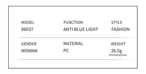 Detailed specs of model 96037 fashion anti blue light glasses with PC frame for women