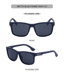 Macro view of matte blue frame sunglasses featuring polarized gray lenses and silver trim