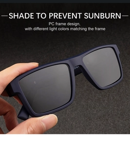 Detail der dunkelblauen PC-Quadrat-Sonnenbrille mit polarisierten dunkelgrauen Gläsern als Sonnenschutz