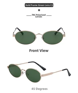 Détail de lunettes de soleil ovales polarisées avec monture dorée et verres verts