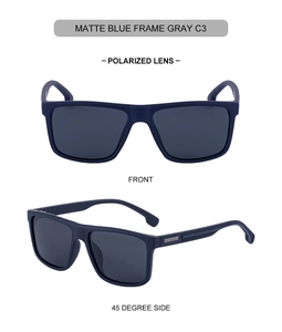 Detail view of matte blue square polarized sunglasses with gray lenses and non-slip temples