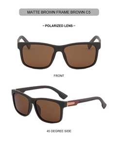 Polarized sunglasses with matte brown frames and textured temples in dual view