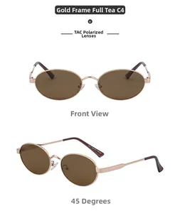 Lunettes de soleil ovales en métal doré avec verres TAC polarisés marron, vues de face et côté