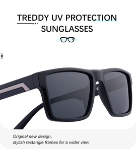 Nahaufnahme der schwarzen Rechteck-Sonnenbrille mit silbernen Bügeldetails und UV-Schutz