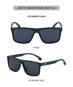 Front and 45-degree views of matte green square polarized sunglasses with gray lenses