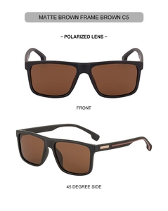 Detail view of matte brown square polarized sunglasses showing frame texture and finish