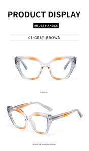 Detailed views of grey cat-eye glasses frames with orange accents and color-changing feature