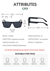 Größentabelle mit Abmessungen und technischen Daten der quadratischen Polarisationsbrille