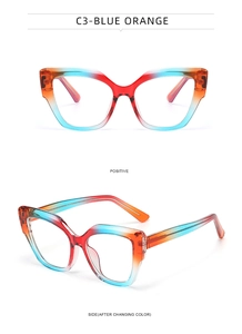 Close-up of cat-eye glasses frame with blue and orange gradient finish and side view