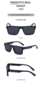 Detailansichten der mattschwarzen eckigen Sonnenbrille mit polarisierten Gläsern aus Winkeln