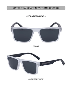 Detailsicht der matt transparentgrauen polarisierten Sonnenbrille mit schwarzen Bügeln