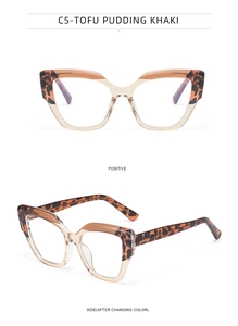 Detailed view of cat-eye frames in khaki and tortoiseshell with photochromic lens effect