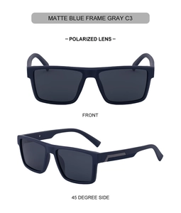 Detailansicht der mattblauen polarisierten quadratischen Sonnenbrille mit grauen Gläsern