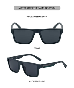 Detailansicht der mattgrünen quadratischen Sonnenbrille mit polarisierten Gläsern