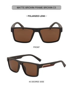 Nahaufnahme der mattbraunen quadratischen Polarisations-Sonnenbrille mit Goldscharnier