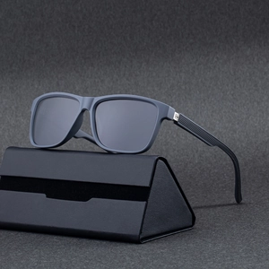 Modern polarized square sunglasses with matte grey frame and textured folding leather case