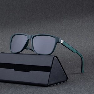Polarized square frame sunglasses in dark green with a matching black leather case
