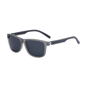 Modern square polarized sunglasses with translucent grey frames and textured temples