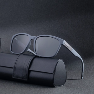 Square polarized sunglasses for men with dark gray matte frame and leather case
