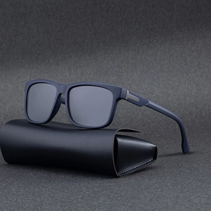 Men's square polarized sunglasses with matte blue frame and folding leather case