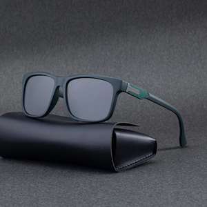 Square dark green polarized sunglasses for men with green textured temples on leather case