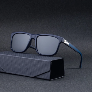 Men's matte navy square polarized sunglasses with grey lenses and a textured foldable case