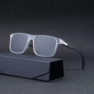 Men's square polaroid sunglasses with foldable arms on a textured hard case