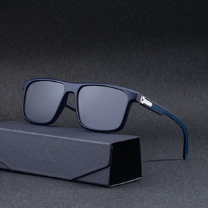 Modern square polarized sunglasses in matte navy blue with premium textured case