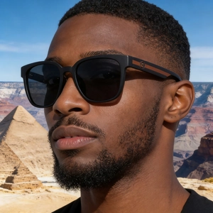Detail of square polarized sunglasses with matte black frame and metal temple logo