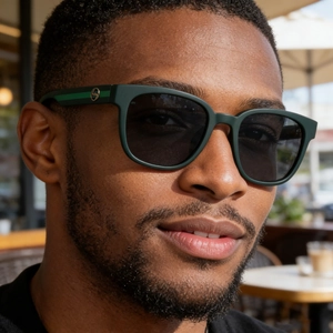 Detail of matte green square frame sunglasses with green-black striped temples and logo