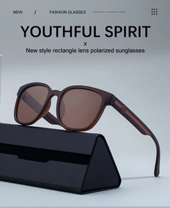 Detail of square polarized sunglasses with metal S logo and triangle folding case