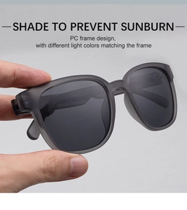 Handheld view of translucent dark grey square polarized sunglasses with matte PC frame