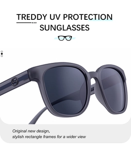 Detail of matte gray rectangular polarized sunglasses with UV protection and logo