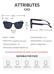 Detailed size chart for square polarized sunglasses with dimensions for frame and tac lenses