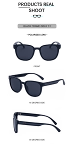 Detailed views of square polarized sunglasses with C1 black frame and silver logo detail