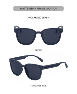 Front and side view of matte gray square polarized sunglasses with C4 finish