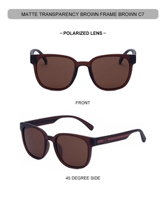 Macro detail of matte transparency brown square sunglasses with polarized brown lenses