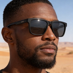 Close-up of black polarized square sunglasses for men worn in a desert outdoor setting