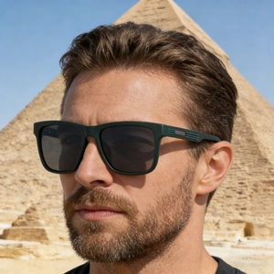 Men's polarized square sunglasses in dark green matte frame with lifestyle pyramid backdrop