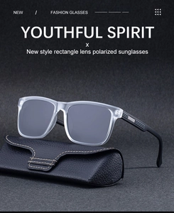 Close-up of polarized square sunglasses with gray frame and premium leather case