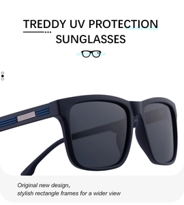 Close-up of matte black rectangle sunglasses featuring blue stripes and silver metal accents