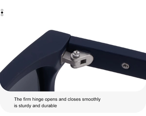Close-up of durable silver metal hinges on navy blue matte polarized square sunglasses