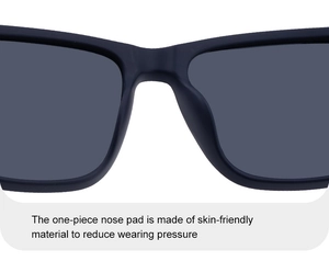 Detail of matte black square sunglasses featuring a smooth one-piece nose pad design