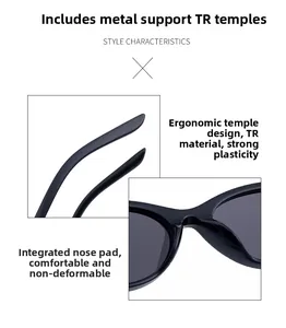 Détails de lunettes de soleil ovales avec branches en TR, noyau en métal et plaquettes de nez