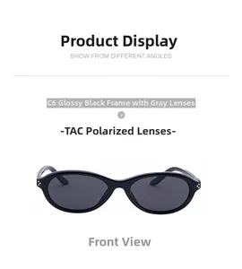 Vue de face de lunettes de soleil polarisantes ovales avec monture noire brillante
