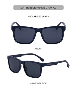 Detailed views of matte blue square sunglasses featuring gray polarized lenses for men