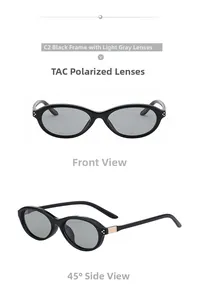 Détail de lunettes de soleil ovales polarisées, monture noire C2 et verres TAC gris